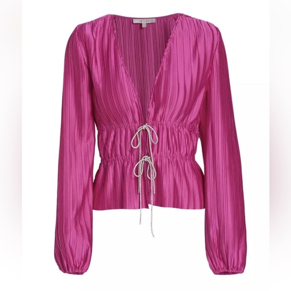 Wayf Tops - WAYF Payton Pink Tie Front Top Long Sleeve Blouse Women's Cardigan Rhinestone